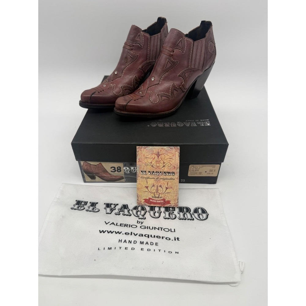El Vaquero Western Cowboy Ankle Boots Women 38 US 8 Brown Leather Handmade Italy